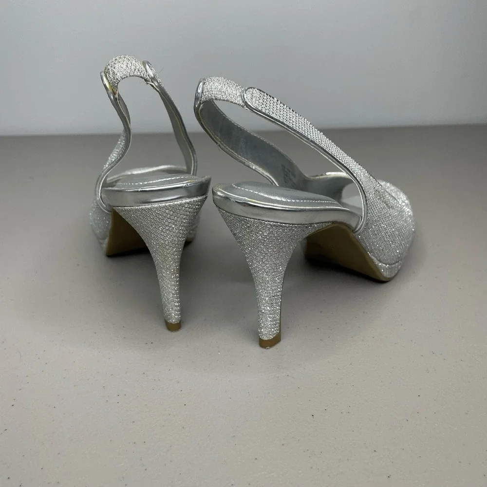 Worthington Pump Heels Slingback‎ Ankle Strap Open Toe Studded Silver Size 6.5